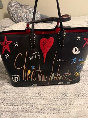 Christian Louboutin Black Graffiti Leather Tote with Red Accents